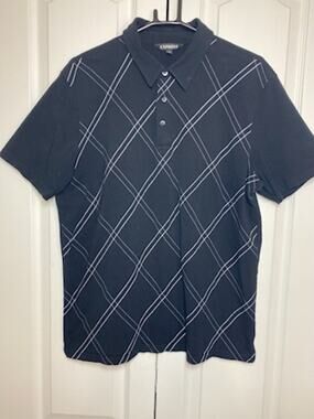 Express Men’s Black Polo Shirt L • Diagonal White Check Pattern • Short Sleeve